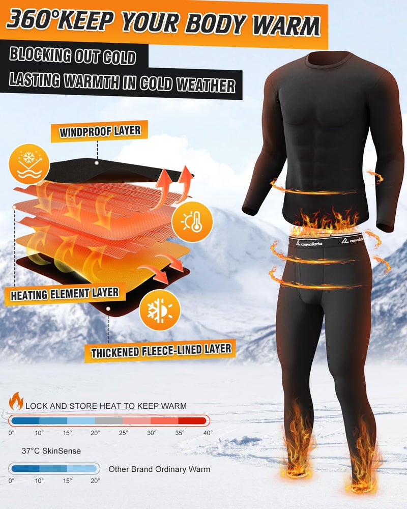 CL convallaria Long Johns Thermal Underwear for Men Soft Fleece Lined Base Layer Cold Weather Top Bottom Gift Set Midweight Crew Neck Black XX-Large - Image 4
